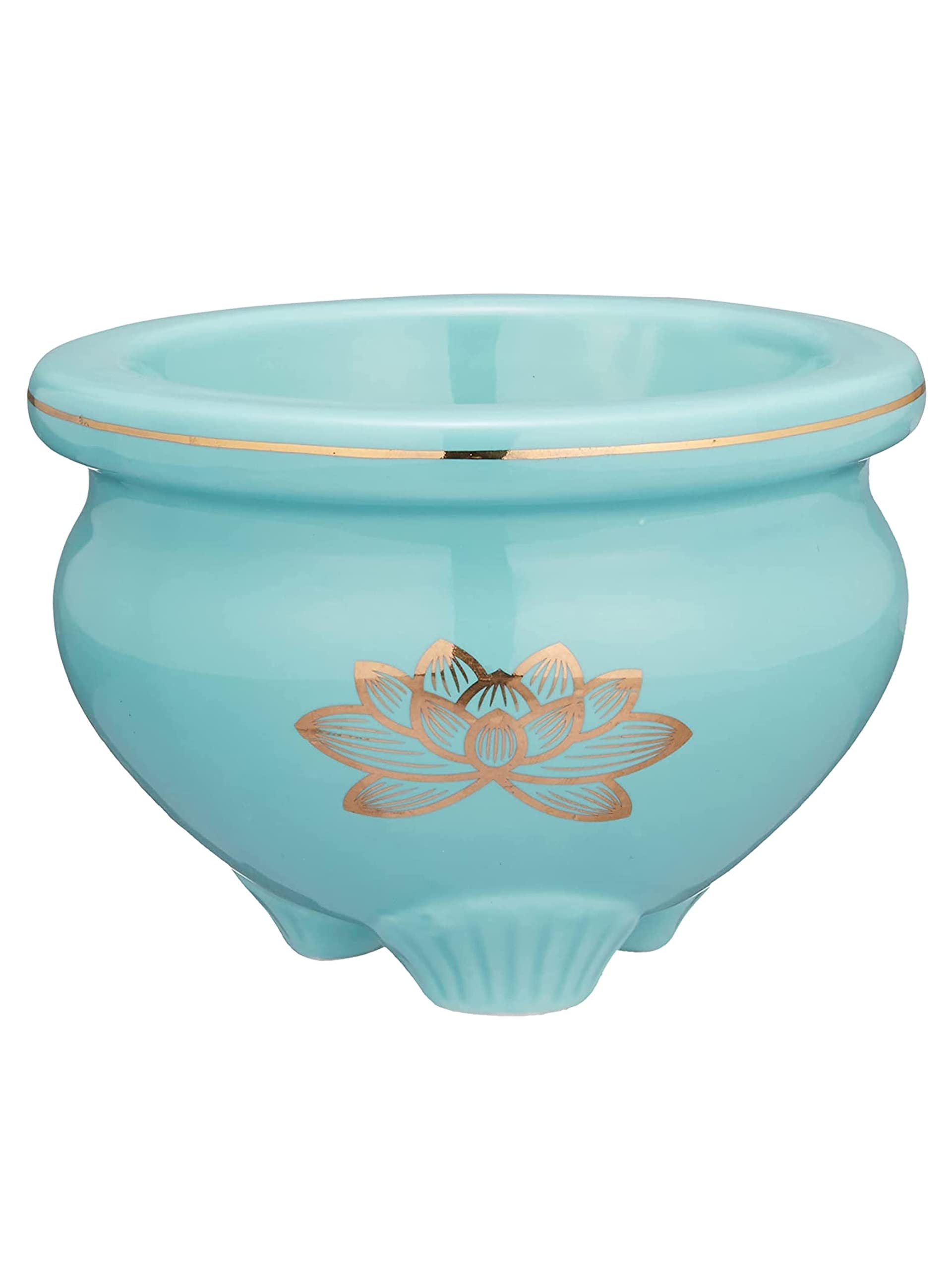 

Maruesu Buddhist Altar Supplies: Celadon Gold Lotus Incense Burner, 4.0 inches, Blue