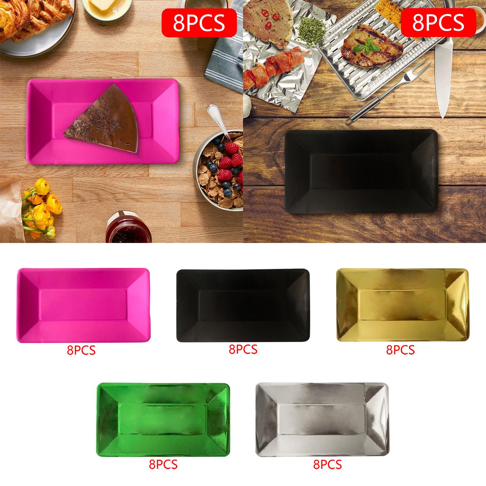 8Pcs Disposable Plates Foil Rectangular Paper Plates Utensils Cake Tray Cake Plates for Decorations Restaurant Catering Party Black