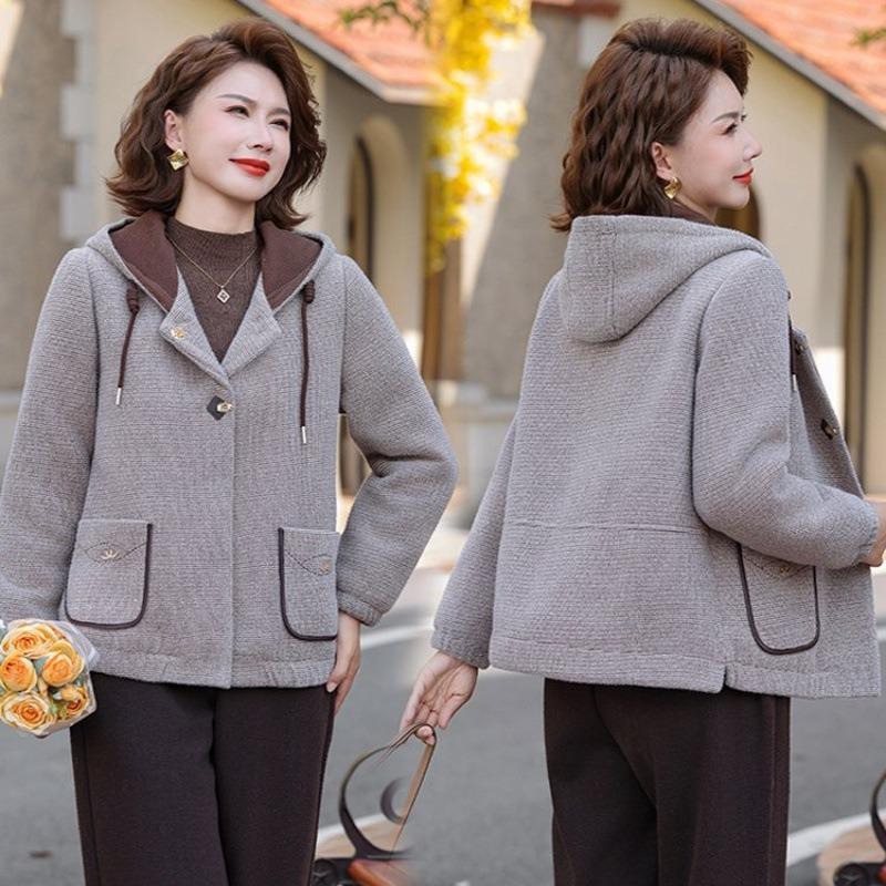 New Women's Clothing Autumn and Winter Woolen Hooded Top Medium Fleece Thickened Coat