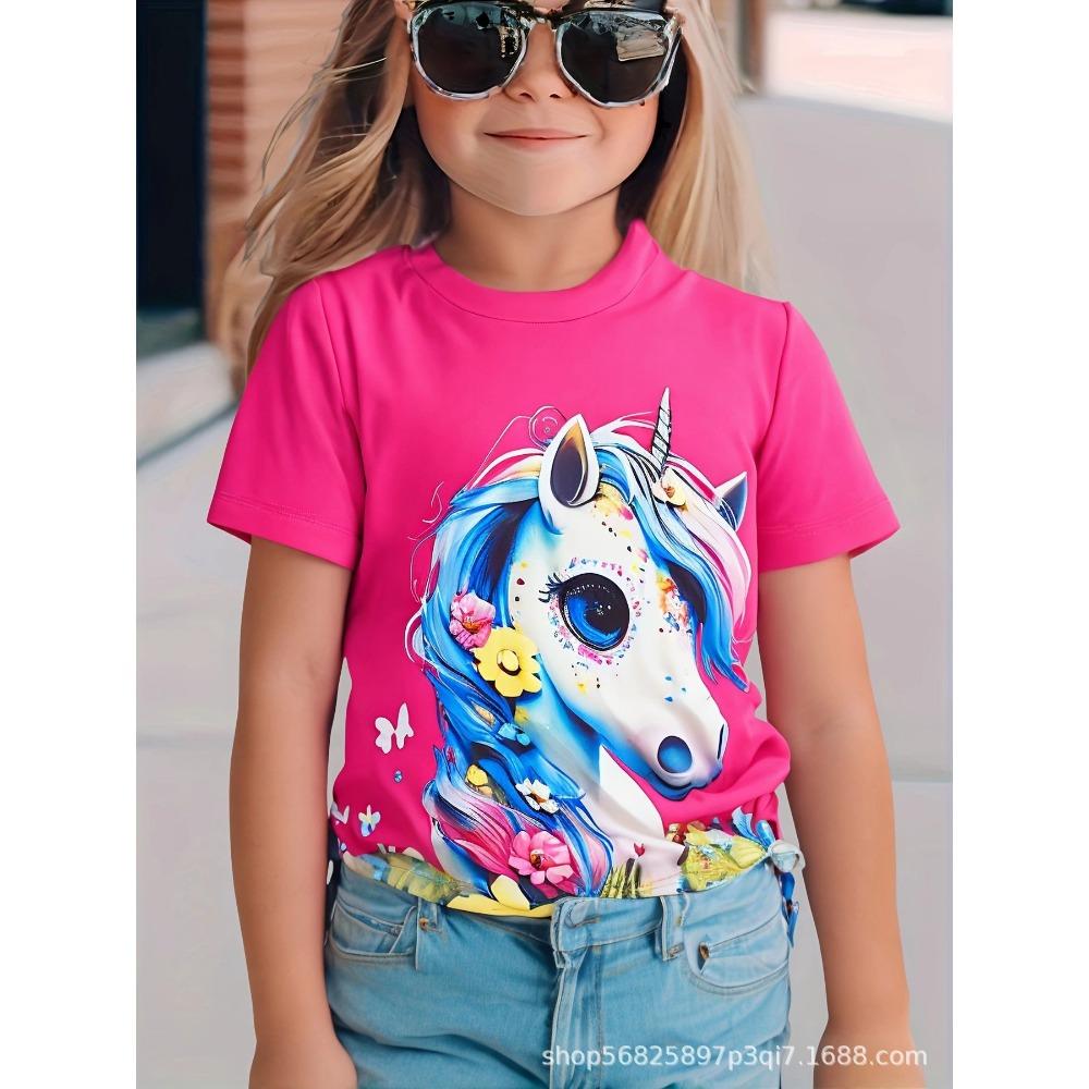 Cartoon Unicorn 3D Digital Casual Short-Sleeve T-Shirt, Suitable for Outdoor Wear, Cute Cartoon Print