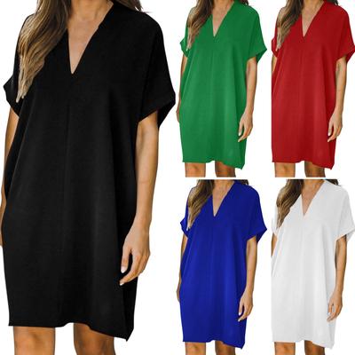 Women's Ladies Summer Casual Loose V-Neck Short Sleeve Dress