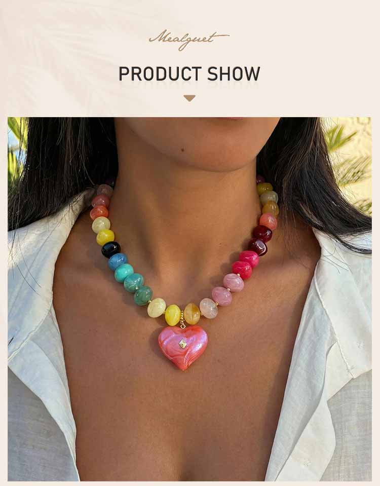Rainbow Resin Bead Necklace for Women, Chunky Pave Crystal Large Heart Pendant, Dopamine Summer Beach Y2K Statement Jewelry