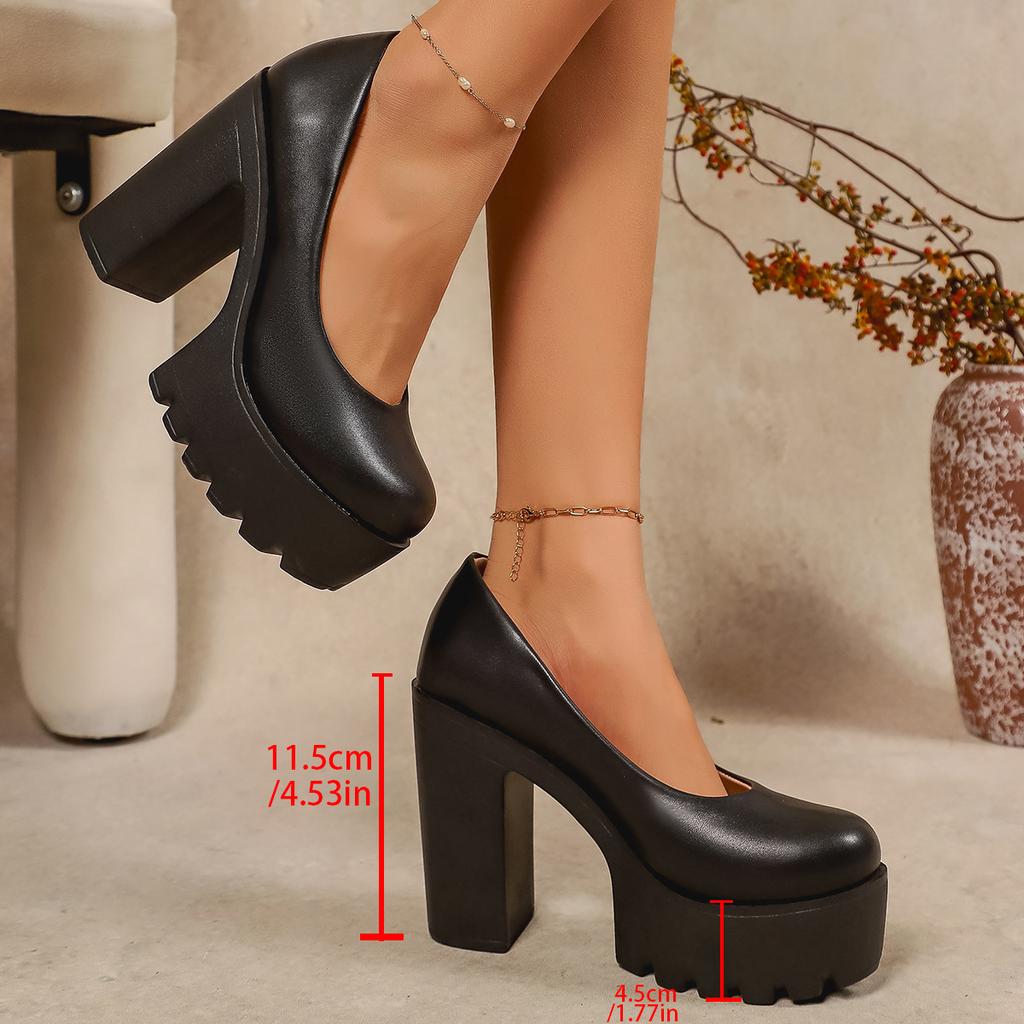 European and American Large Size Ultra-high Heel Waterproof Platform Thick Heel Single Shoes Autumn Round Head PU Foot Cover Fashion Single Shoes