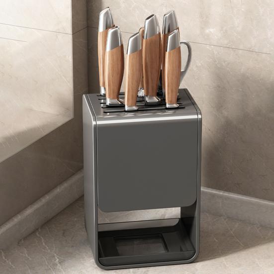 Wall-Mounted Countertop Knife Holder with Drip Tray Space-Saving Carbon Steel Plastic Rack for Kitchen Knives No-Drill Installation Anti-Slip