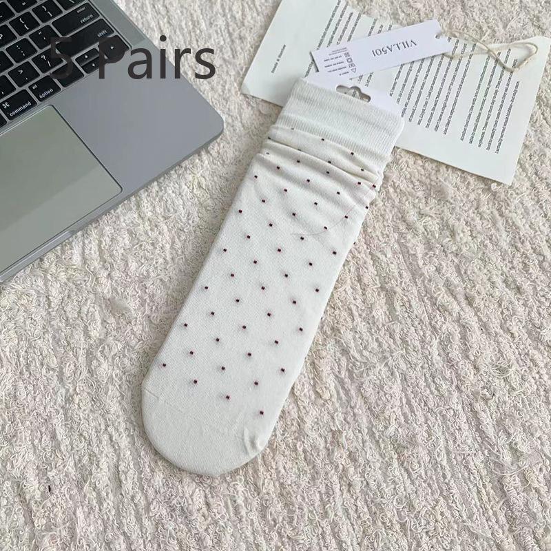 5 Pairs  Autumn and Winter Ankora Red Socks Women Straight Board Boneless Cotton Mid-calf Hundred Stripes Polka Dot Stacked Socks
