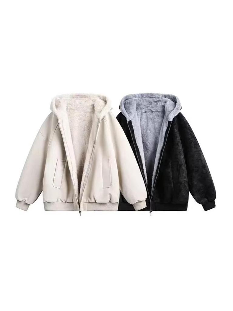 Unisex American Eagle Lychee Leather Hooded Jacket: Winter Plus Velvet, Thick, Loose Fit
