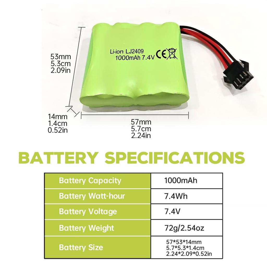 2PCS 7.4V 1000mAh SM-4P Plug Charger with USB Charging Cable for DE36W DE65 NO.1809 RC Toy Car Model Off-Road Hill Climbing Drift Racer