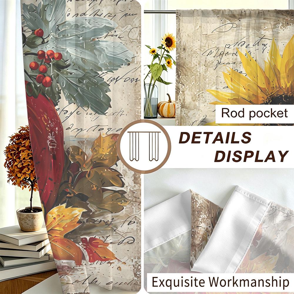 2Pcs Vintage Autumn Sunflower Pumpkin Retro Print Rod Pocket Curtains Double Sided Window Drapes Light Filtering Privacy Curt
