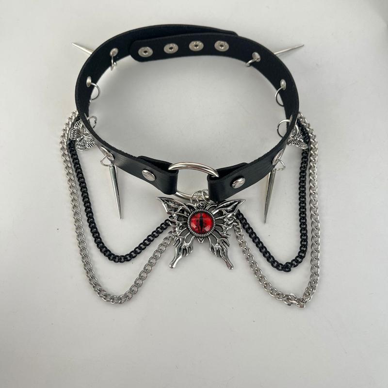 Dark Gothic Punk Metal Spider Pendant Leather Choker Necklace for Women Hip Hop Red Zircon Butterfly Clavicle Chain Jewelry