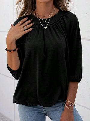 Women's Cotton Crew Neck T-Shirt Half Sleeve Loose Pleated Basic Blouse Top