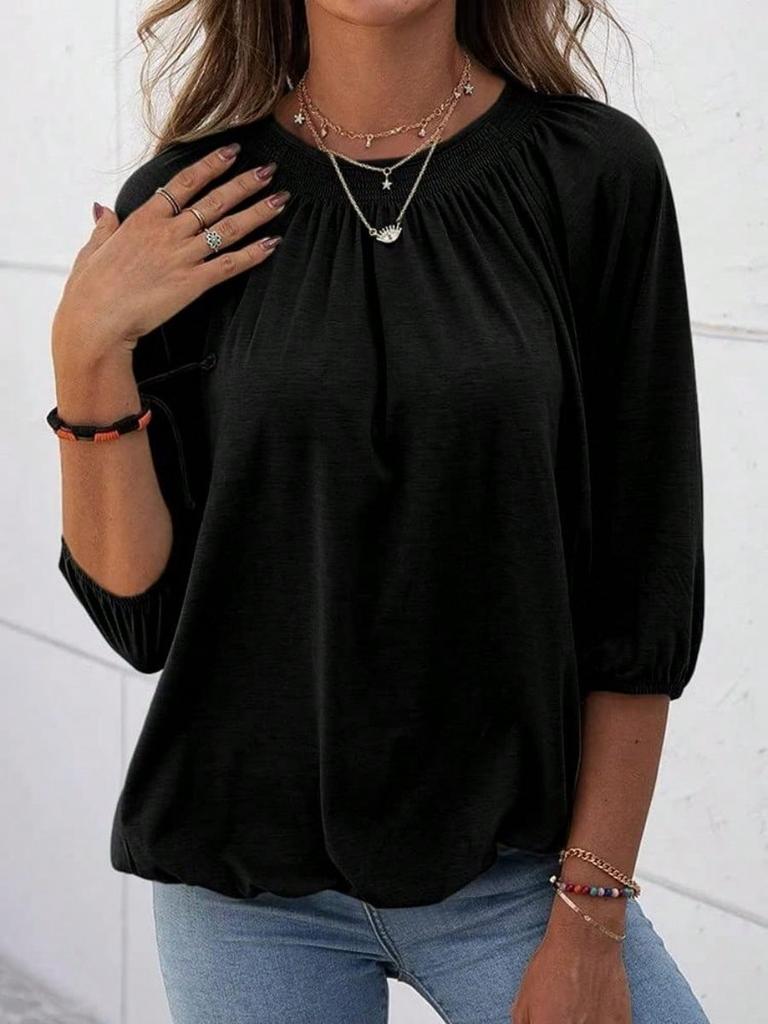 Women's Cotton Crew Neck T-Shirt Half Sleeve Loose Pleated Basic Blouse Top