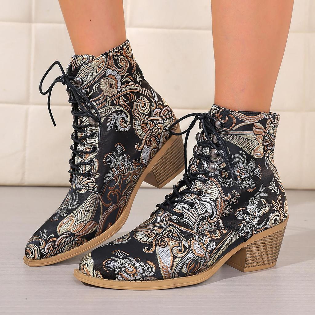 Vintage Embroidered Ethnic Style Short Western Boots Women's Shoes Fashion Pointed Toe High Heel Buckle Strap Ankle Boots