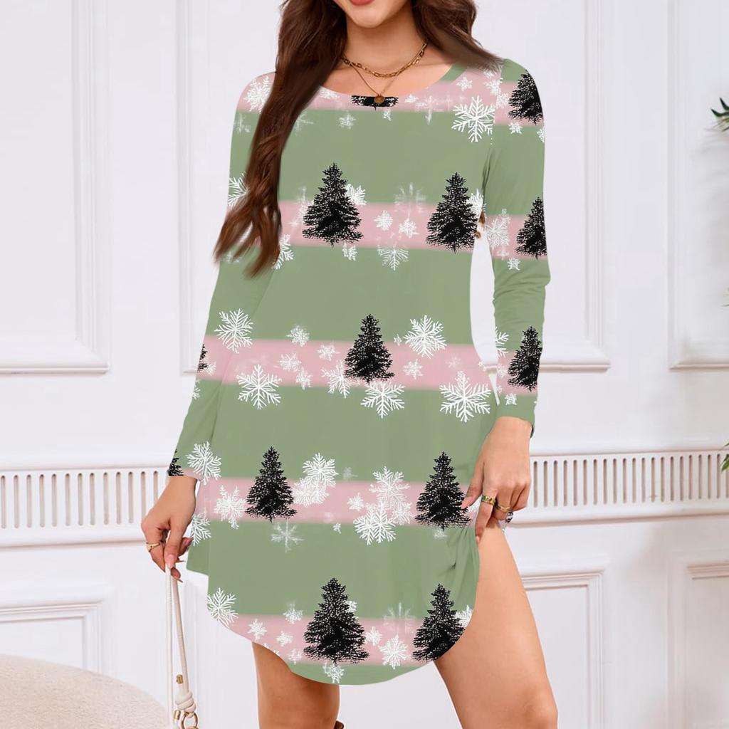 Women's Long-sleeved T-shirt Dress With Round Neck, Knee-length, Loose Fit, Casual And Pockets