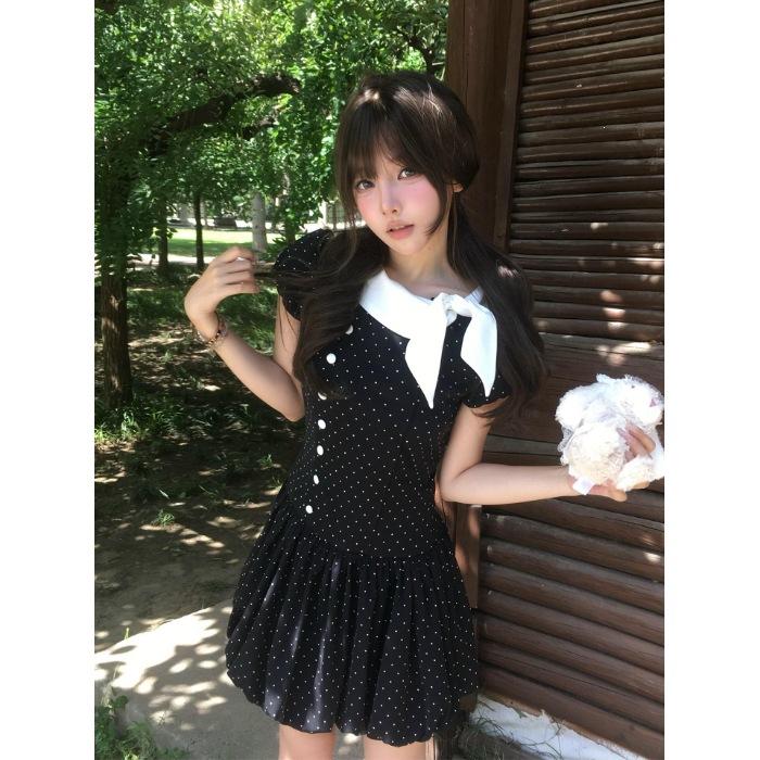 Thousand Gold Wind Bow Polka Dot Dress Women's Summer Retro Small Man Waist and Thin Temperament Fluffy Short Skirt