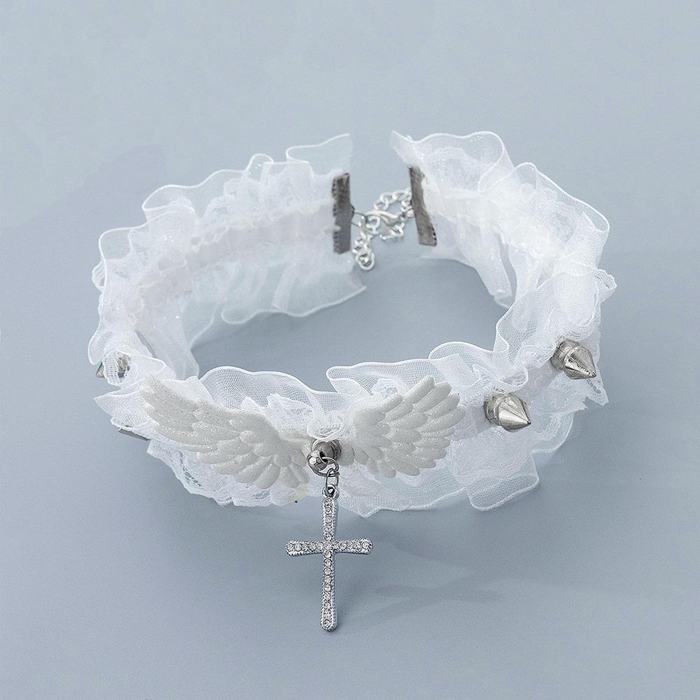 

Hollow Black White Lace Choker Necklace Cross Bling Angel Wing Rivet Chokers Vintage Punk Gothic Jewelry Goth Necklace for Women 40cm adjustable