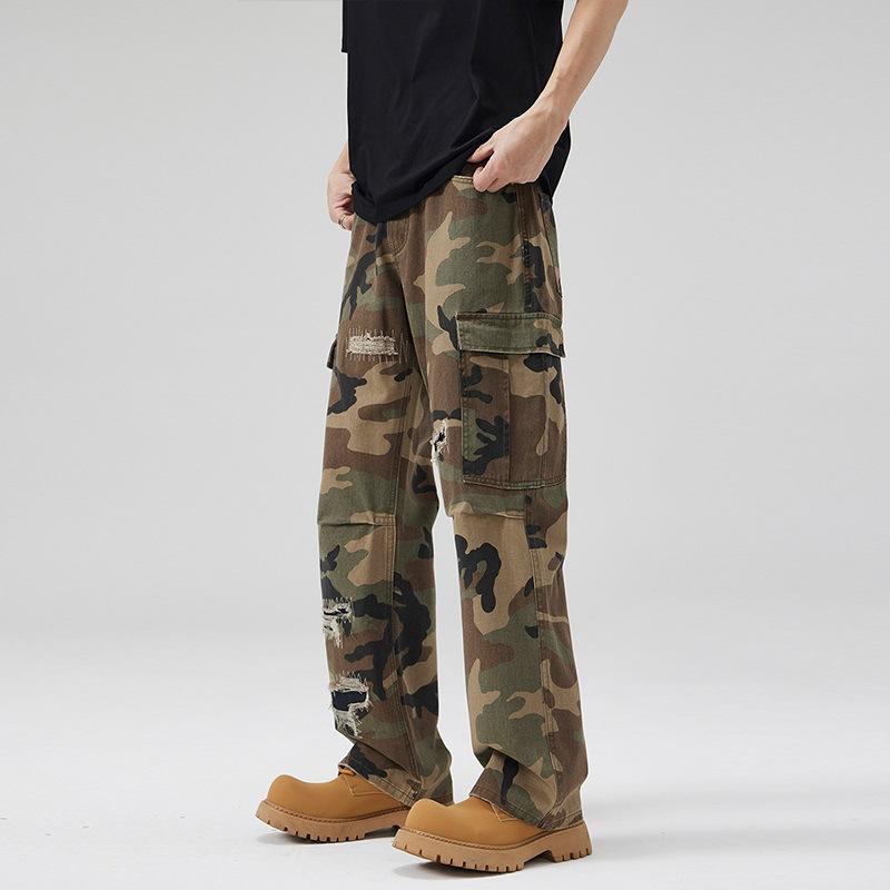 

Spring and Summer Ripped Patch Embroidered Camouflage Work Pants Men s Straight Paratrooper Trousers S