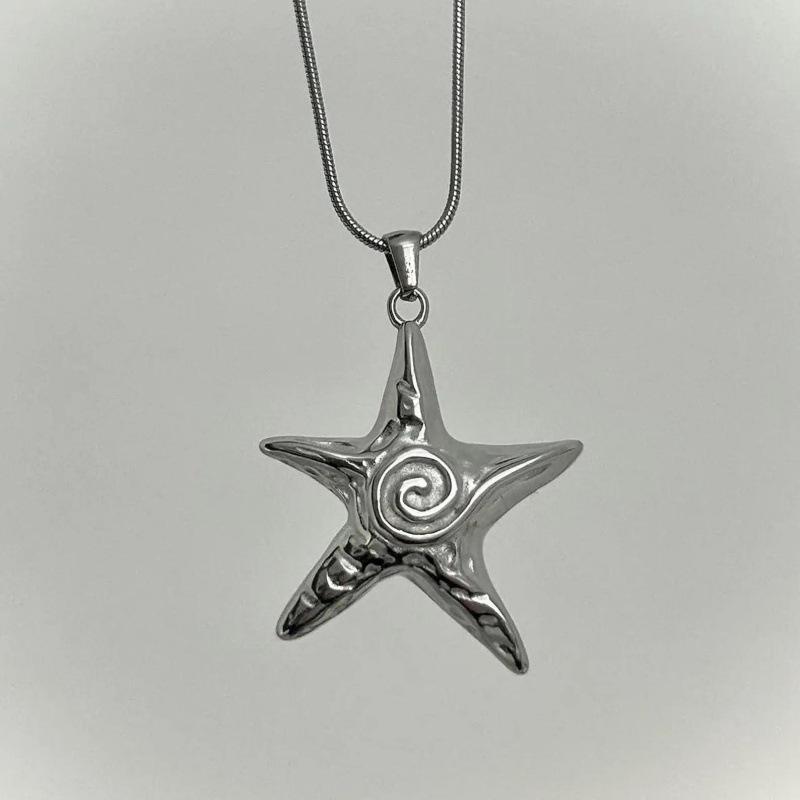 Stainless Steel Starfish Spiral Pendant Necklace with Snake Chain - Rust-Proof, Bohemian, Y2K Minimalist Beach Style
