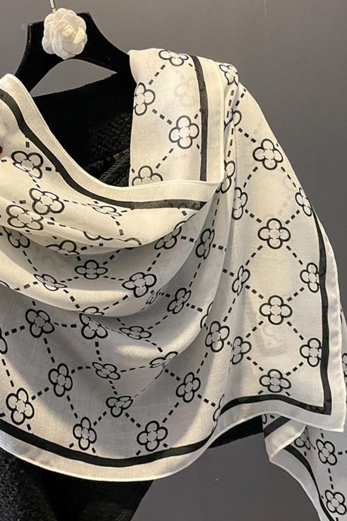 Lucky Clover Viscose Scarf 180x85cm White with Black Clovers
