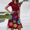 Women's Fashionable Retro Patterned Printing Color Blocked Belt Casual Dress