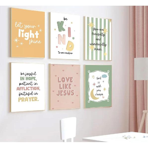 6Pcs Colorful Bible Verse Canvas Wall Art Christian Girls Education Posters Prints Children's Bible Pirational Quote Wall Decor Pictures for Nursery