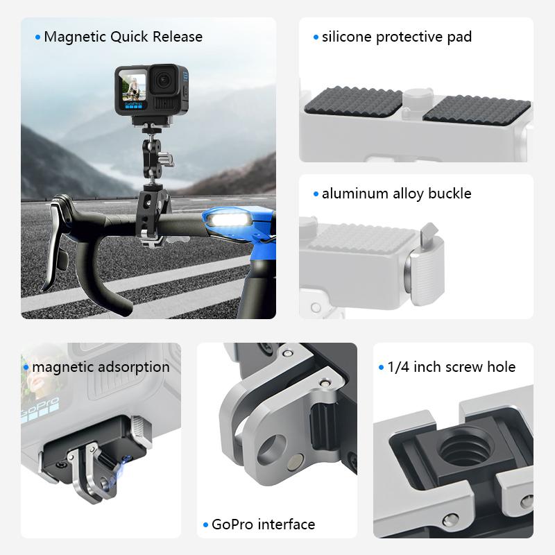 Sports Camera Magnetic Bracket Adapter Selfie Stick, Snap on Magnetic Quick Release Plate, 1/4 Thread Adapter for Sports Camera