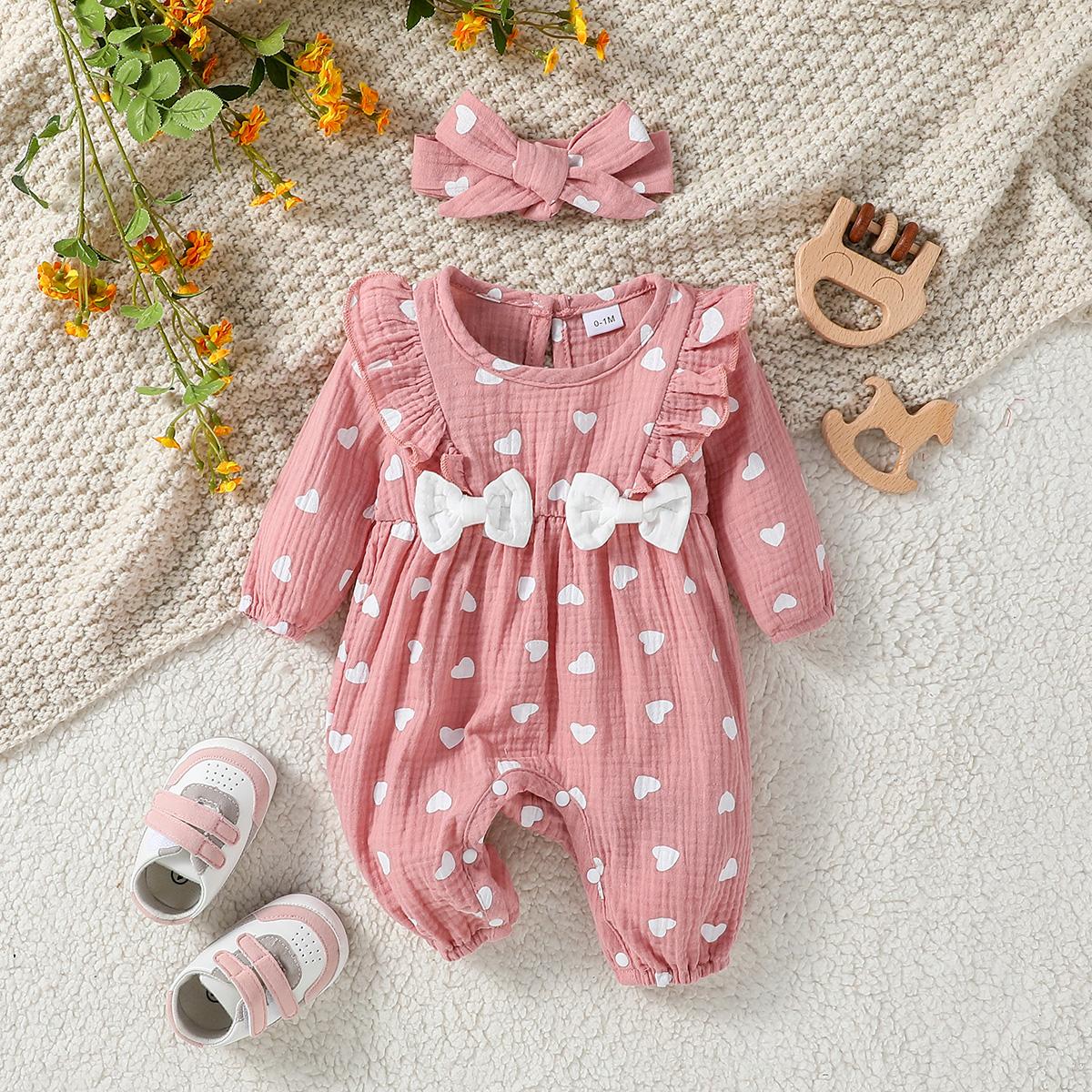 Combinaison Imprimée Florale à Manches Longues Toutes Saisons pour Bébé Fille Avec Nœud Tenue Quotidienne Pour Nouveau-né-6 Mois + Bandeau 1-3M pink