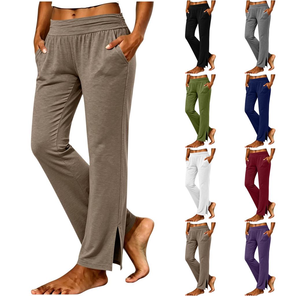Women's Casual High Waist Straight Leg Pants with Pockets and Side Slit Hem