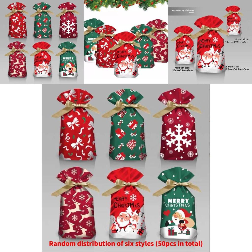 Christmas Gift Bag With Drawstring Ribbon Santa Print For Holiday Packaging