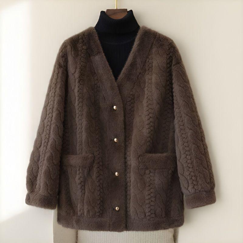 Spring Autumn Women's Plush Coat Simple Short V-Neck Faux Fur Coat