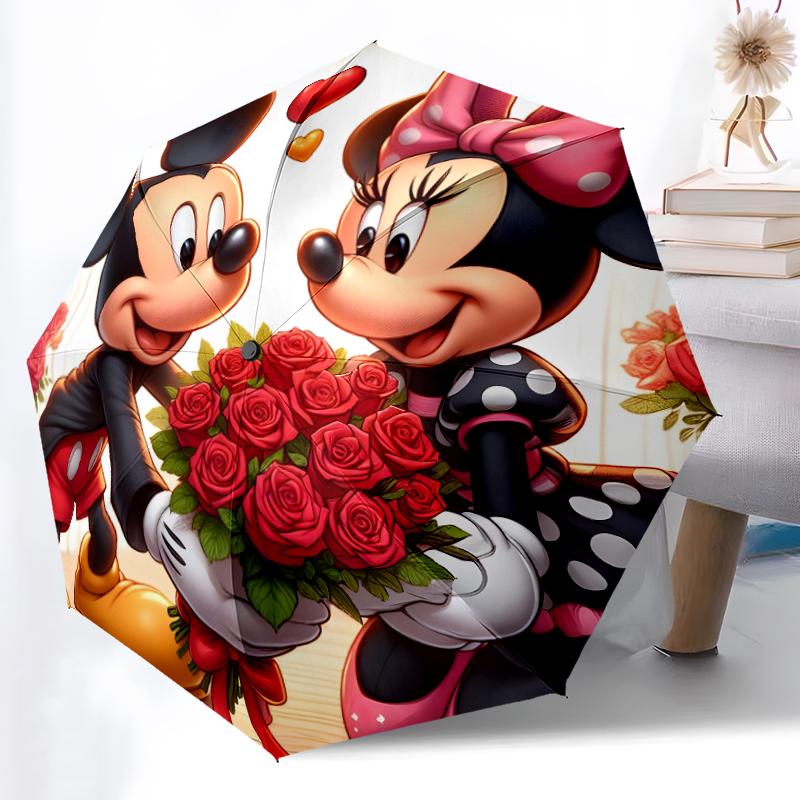 1pc Sturdy 8-Bone Auto Umbrella, Mickey And Minnie Red Hearts Floral Umbrella, Digital Printed, Foldable Umbrella for On-the-Go Outdoor Use