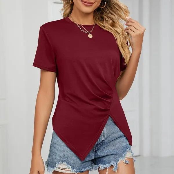 Summer New Style Solid-color Fitted Round-neck Pleated Women's T-shirt Top