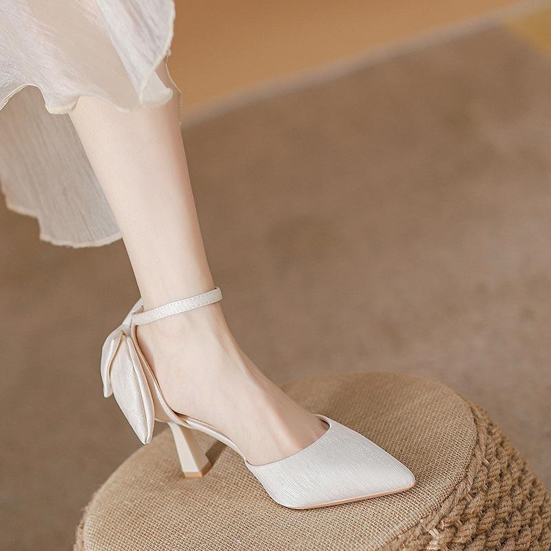Spring and Autumn Princess Shoes Satin Bow Wedding Shoes Banquet Shoes Hollow Sandals Pointed Thin Heel High Heels Women