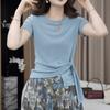 European big-name high-end blue round neck irregular lace-up short sleeve 1116 summer new loose top women's trend