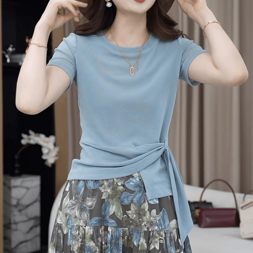 European big-name high-end blue round neck irregular lace-up short sleeve 1116 summer new loose top women's trend