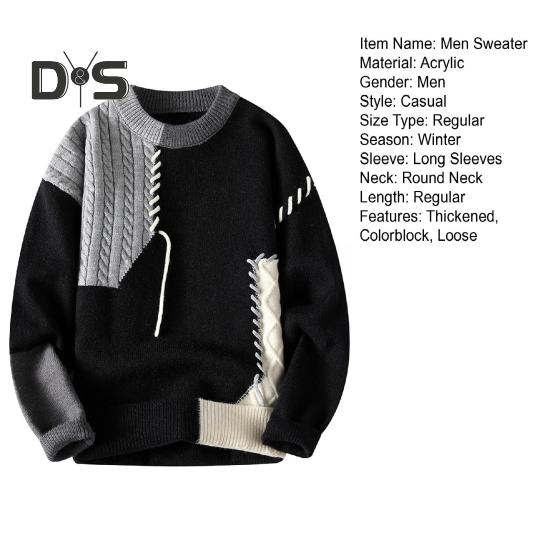Autumn Winter Men Sweater Color Blocking Slicing Design Round Neck Loose Knitted Pullover Thick Warm Bottoming Sweater Casual Wear Work Dating Sweater