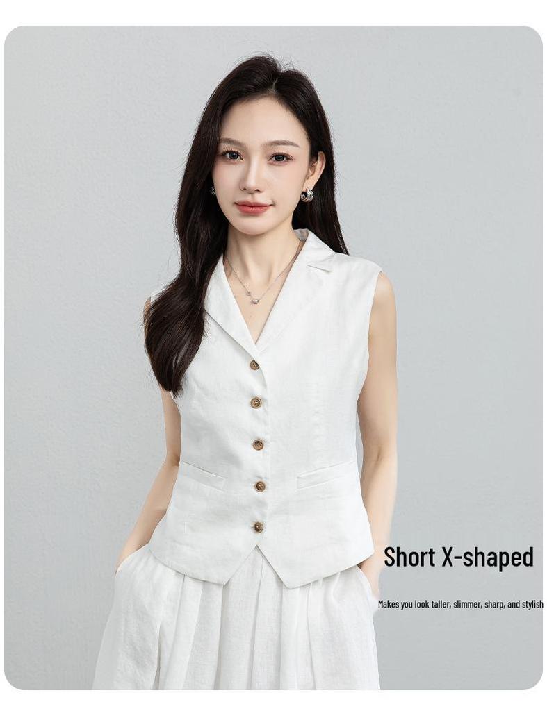 Xin Ge Stylish Black Sleeveless Suit Vest & Pleated Linen Skirt Set