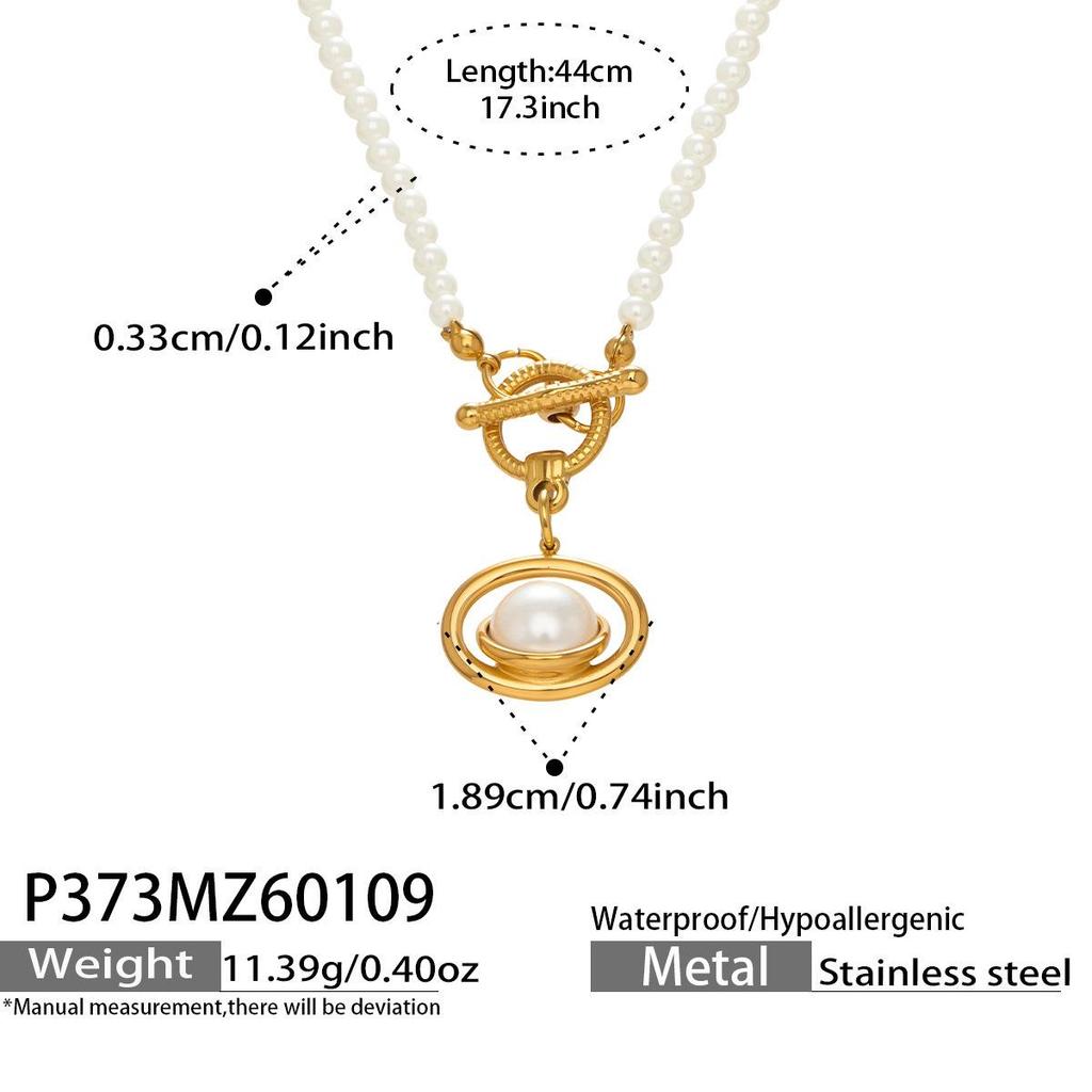 Elegant 18k Gold-Plated Stainless Steel Necklace with Imitation Pearl Beads and OT Clasp