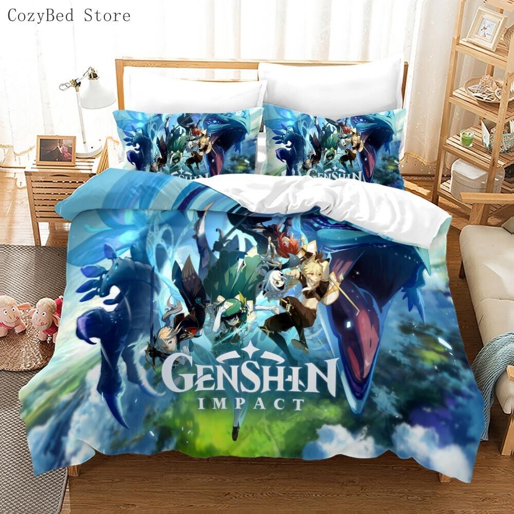 Genshin Impact Sleep Bedding Collection Cartoon Anime Bedspread Cover Single Size Size Double Size Size Kids Boys Luxury Three-Dimensional Bed Linen
