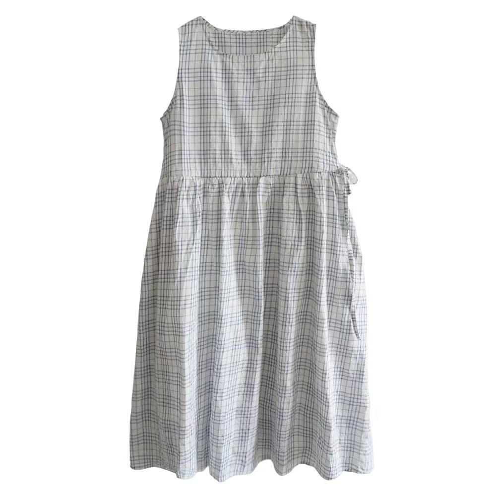

2025 summer new white background blue plaid pleated drawstring dress women s round neck sleeveless temperament vest skirt 2XL