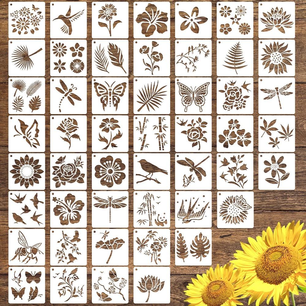 50pcs/set Floral Series DIY Painting Stencil Set Hollow Reusable Painting Templates PET Washable Spray Painting Stencils чёрный