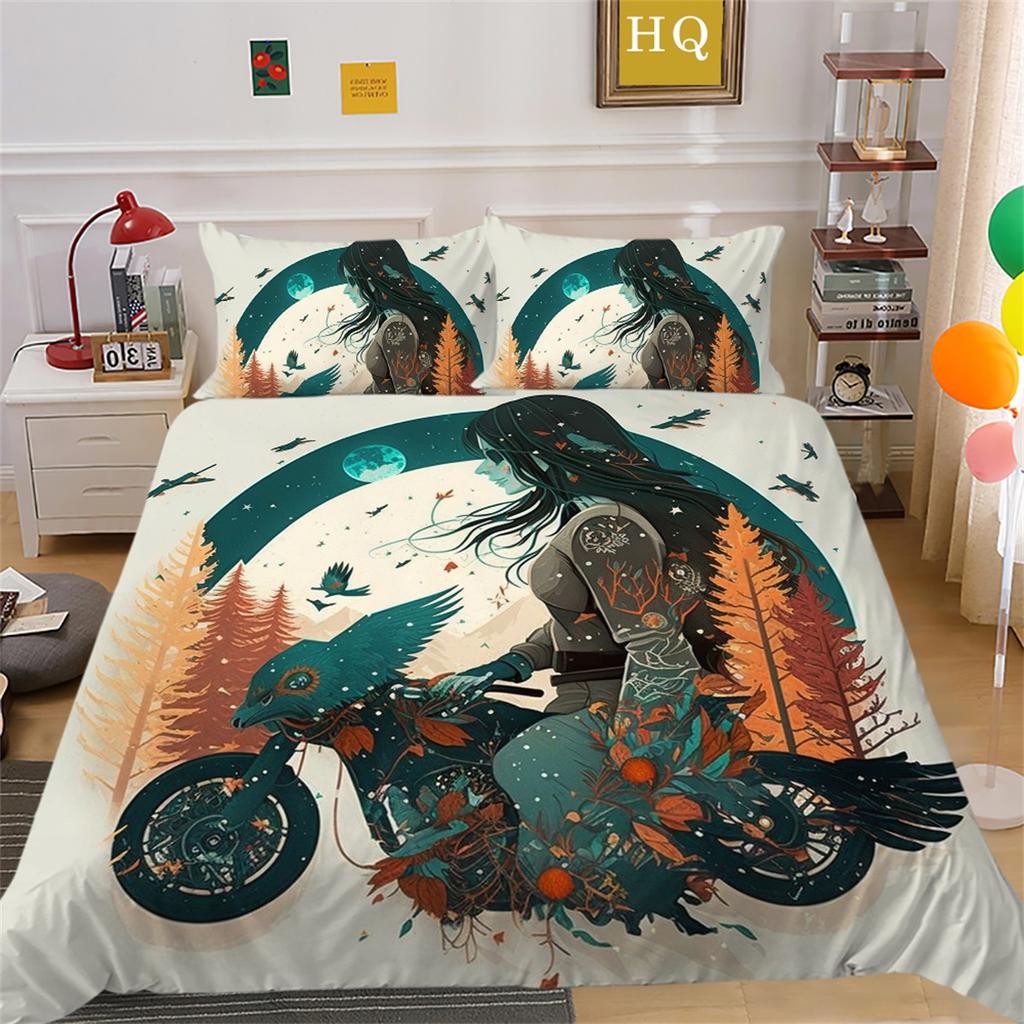 3D Beauty Skull Head Bedding Set Motorcycle Beauty Print Bedroom Decoration Quilt Cover and Pillow Cover 2/3 Pieces White Background Home Decoration