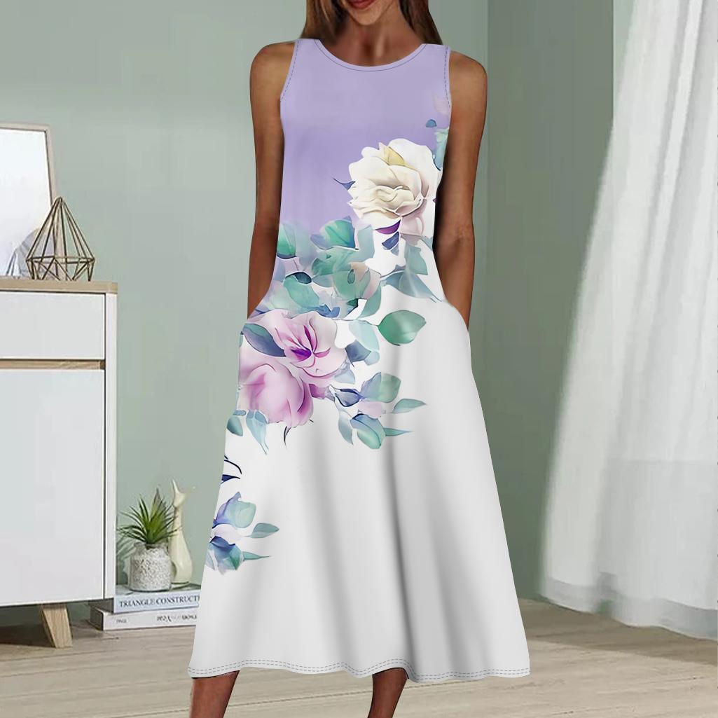 

Летнее модное сексуальное платье без рукавов, мягкое повседневное платье с 3D-раскосым принтом синей розы, платье без рукавов на бретельках XXL фиолетовый