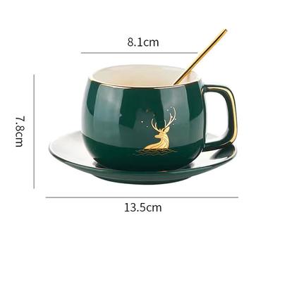 Goldbemalte Kaffeetasse und Teller im nordischen Stil, zweiteiliges Set aus Hirsch-Keramikbecher, Wasserbecher, Nachmittagstee, Milchbecher