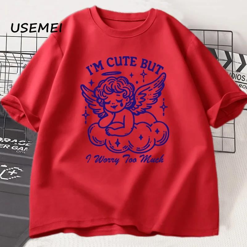 

Im Cute But I Worry Too Much Short Sleeve T-shirts Men Tee Clothing Cotton Summer Casual Tops Hip Hop Loose Cotton T-Shirt M