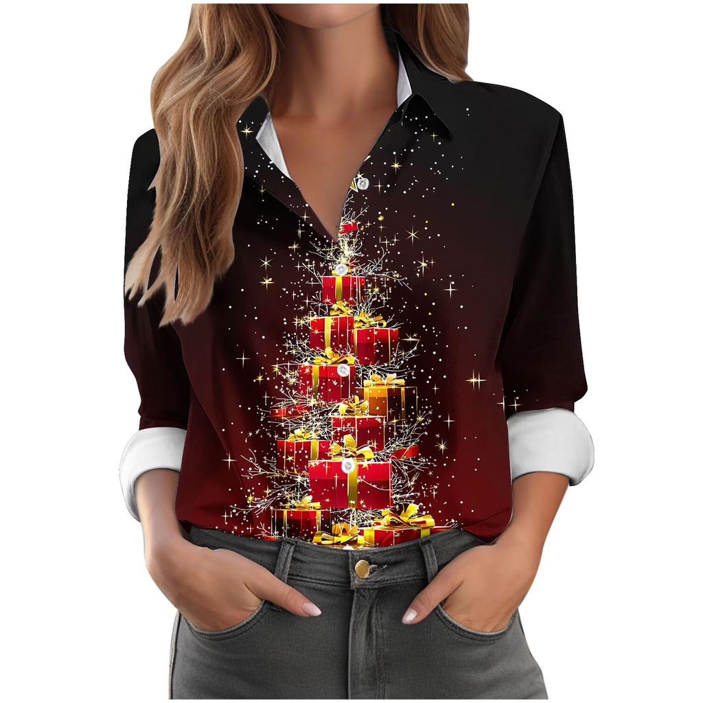 Women's Christmas Long-sleeved Button-down Lapel Shirt, Fashionable Holiday Santa Claus Elements, Cute Festive Party Shirt