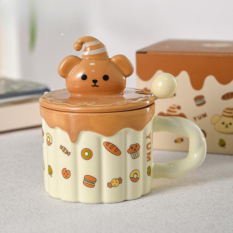 Krémový styl Roztomilý hrnek pro štěně Keramický hrnek pro pár Dětský hrnek s víčkem a lžičkou Dívčí vysoce hodnotný snídaňový hrnek