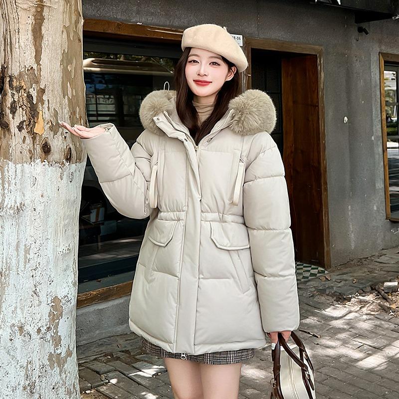 Cold-proof Down Cotton-padded Jacket Women's Winter Cotton-padded Jacket, Fur Collar, Thickened Black Waist, Western Style