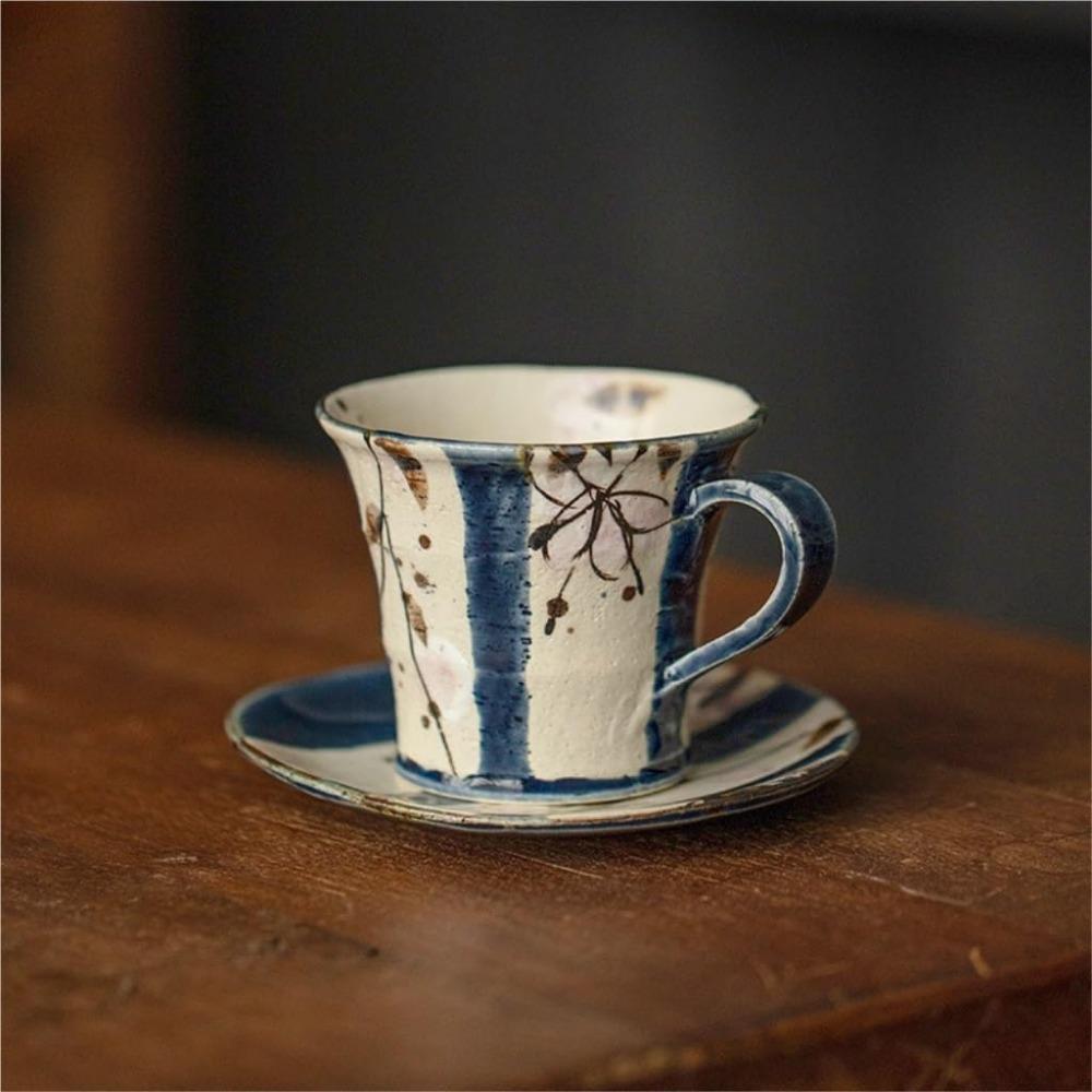 Coffee Set Retro Cherry Blossom Tea  Set Japanese Home Coffee Ceramic  High-end  Home 200ml Coffee Mug(B)