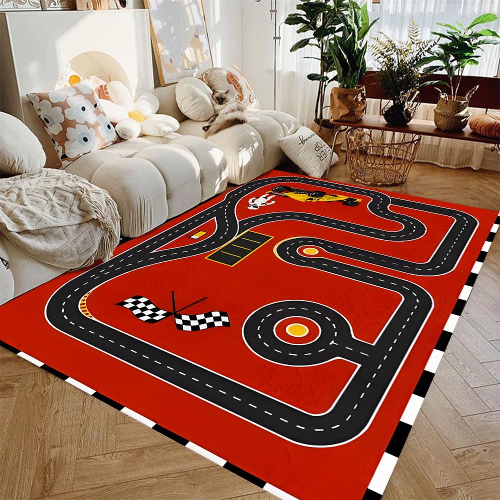 Interactive Race Track Play Rug for Kids Educational Car Play Mat Non Slip Roadway Carpet for Bedroom Playroom Game Area Decor