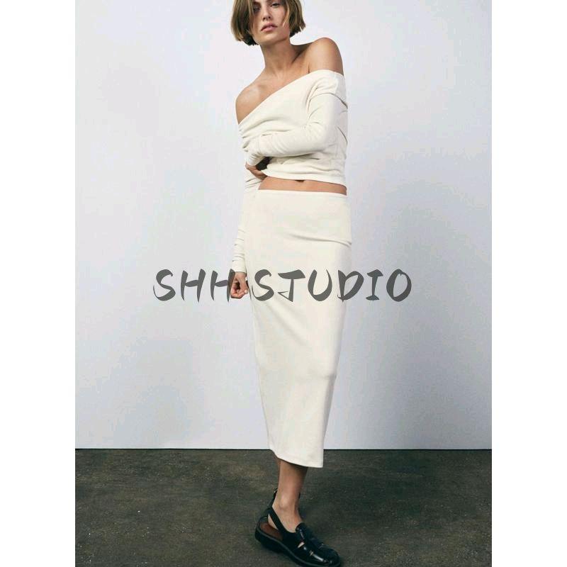 Spring New Women's Clothing Easiest for Match Midi Dress 0264323 Soft Asymmetric off-Shoulder Tops 0264322